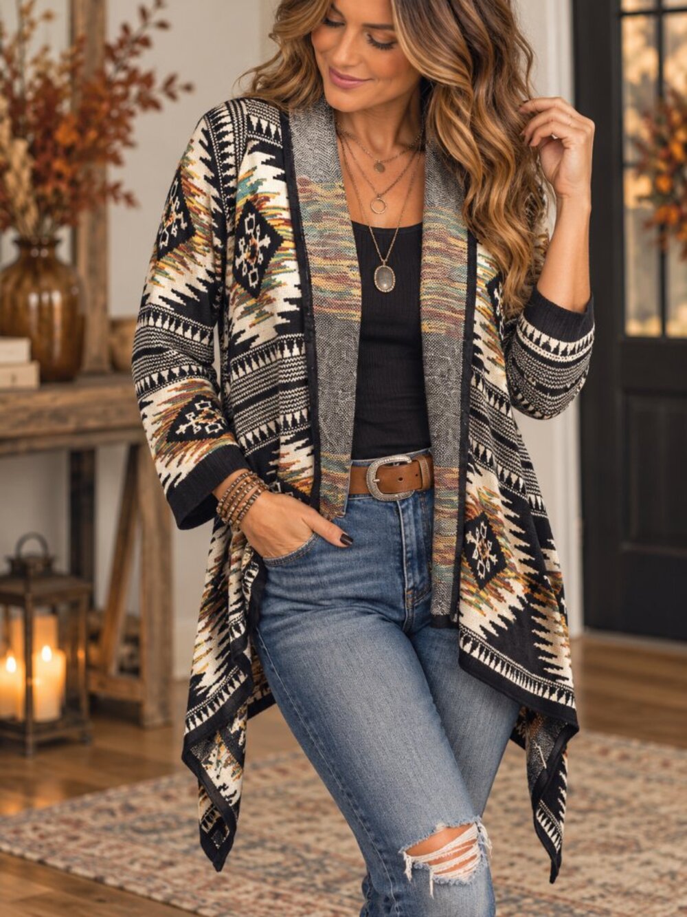 Ruff Hewn Size M Open Front Cardigan Sweater Southwestern Aztec Print Boho knit